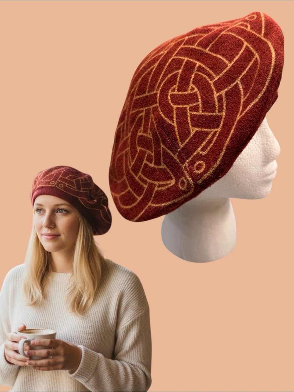 100% Wool Beret Hat deep Rust Woven Pattern Artisanal Statement Vintage